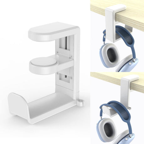 Headset Holder - Headphone Hook - Headphone Stand - Headset Hanger - 11.43 * 10.16 * 4cm - Plastic - White - Adjustable - Rotating Arm Clamp - Non-slip - Headphone Holder for Under Desk