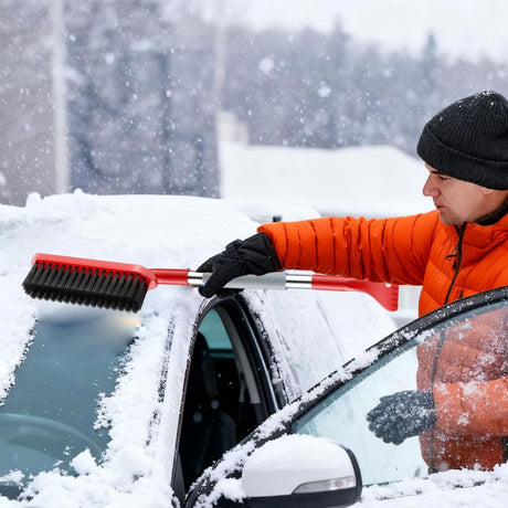 Long Handle Ice Scraper - Car Snow Brush - Plastic - Car Snow Brush with Ice Shovel - Snow Plow - Window Scraper - Defrost Brush - Removable - Winter Accessory - 62cm - Red