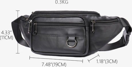 Belt bag - Phone bag - Crossbody - Pouch bag - Leather - Black - 19 x 11 x 3 cm - 6 compartments - Durable - Waterproof - for Travel, Outdoor, Hiking, Sports