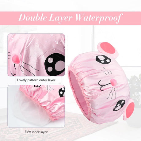Shower cap - 2 pieces - pink mouse and gray mouse - cute shower cap with double layer - waterproof - Bath cap, children, long hair, shower cap