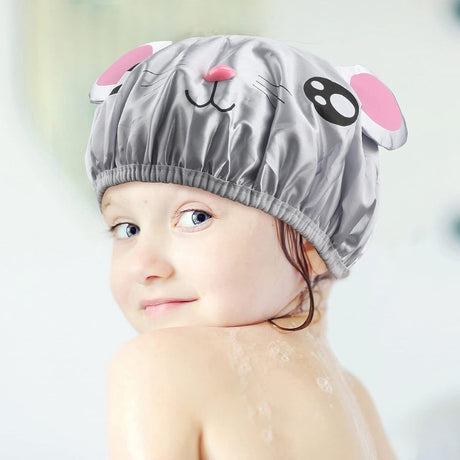 Shower cap - 2 pieces - pink mouse and gray mouse - cute shower cap with double layer - waterproof - Bath cap, children, long hair, shower cap