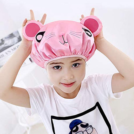 Shower cap - 2 pieces - pink mouse and gray mouse - cute shower cap with double layer - waterproof - Bath cap, children, long hair, shower cap