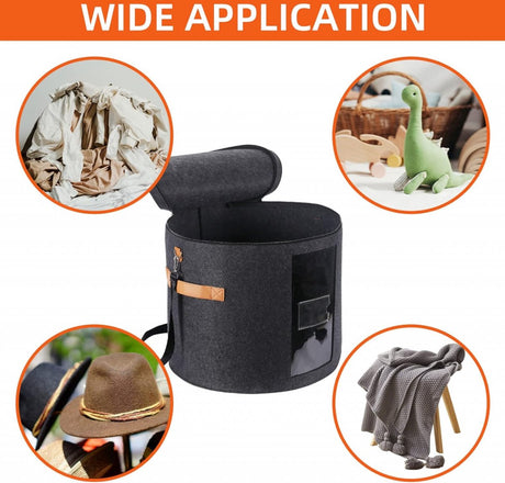 Hat box - storage boxes - Hat storage box - round - dark gray - 50 x 43 cm - felt - foldable - with lid and carrying handle and zipper - transparent window