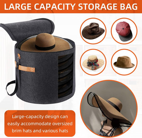 Hat box - storage boxes - Hat storage box - round - dark gray - 50 x 43 cm - felt - foldable - with lid and carrying handle and zipper - transparent window