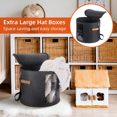 Hat box - storage boxes - Hat storage box - round - dark gray - 50 x 43 cm - felt - foldable - with lid and carrying handle and zipper - transparent window