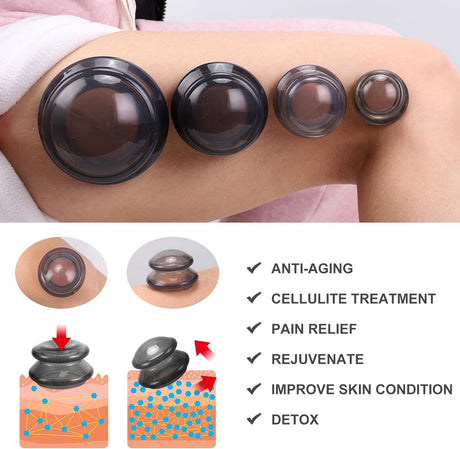 4-piece Cupping cup - Cupping cups - silicone cups - Cupping Set - Cupping For Cellulite - vacuum cup - For reducing cellulite anti-aging relieves pain and joints for buttocks, neck, body - black
