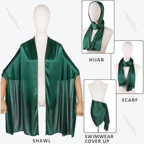 Shawl - 200*70 cm - Soft & Skin-friendly - Thin Wrap Scarf - Stole - Neck Scarf - Fashion Scarf - Women's Scarf - Long Satin Shawl Scarf - Shawls for Evening Dresses - Dark Green