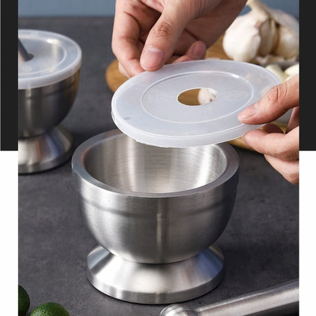 Mortar and Pestle - Stainless Steel Mortar and Pestle, Food Safe Pestle and Mortar Stainless Steel, Diameter 8.5 cm - Herb Grinder - Spice Grinder - With Lid