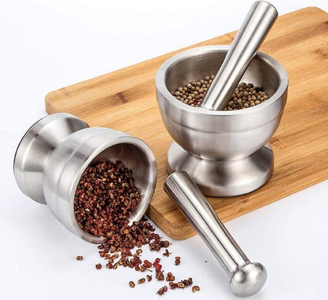 Mortar and Pestle - Stainless Steel Mortar and Pestle, Food Safe Pestle and Mortar Stainless Steel, Diameter 8.5 cm - Herb Grinder - Spice Grinder - With Lid