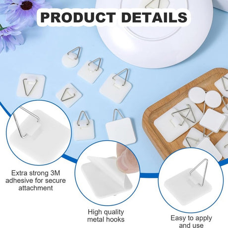 Self-adhesive hooks - Set of 45 - 3 sizes - 5 kg Load capacity - Adhesive hooks - Wall picture hangers - Picture hangers - Picture hanging hooks - For displaying decorative pictures and wall art - White
