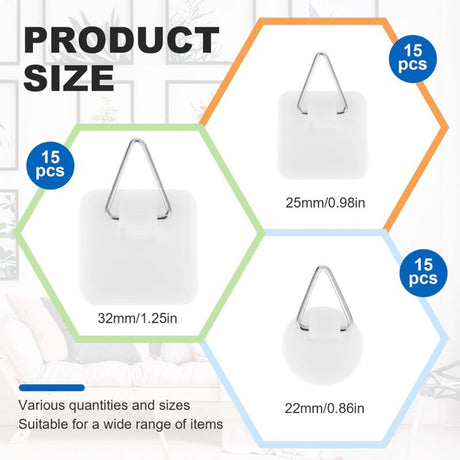 Self-adhesive hooks - Set of 45 - 3 sizes - 5 kg Load capacity - Adhesive hooks - Wall picture hangers - Picture hangers - Picture hanging hooks - For displaying decorative pictures and wall art - White