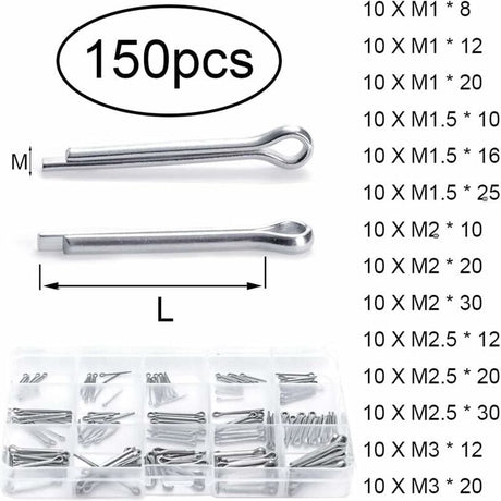 Split pins - 150 pieces - 15 different sizes - stainless steel - silver - for small mechanic repairs
