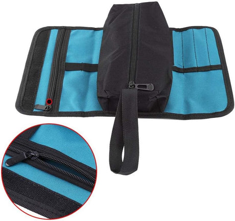 Tool roll - Tool bag - Tool pouch - Cosmetic bag - Storage bag - Tool bags - Universal - 24 x 36 cm - black/blue - Foldable - polyester - Suitable for electricians and technicians - with wrist strap
