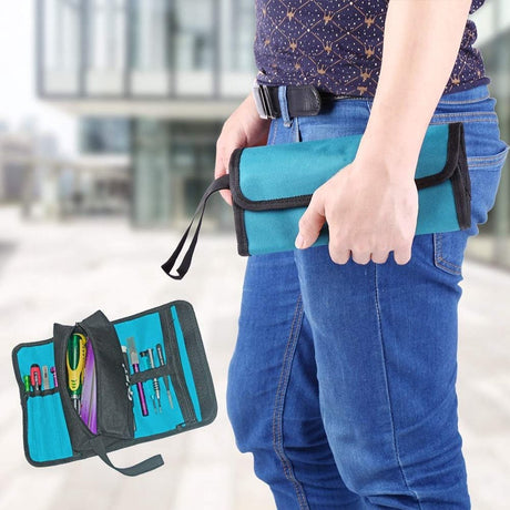Tool roll - Tool bag - Tool pouch - Cosmetic bag - Storage bag - Tool bags - Universal - 24 x 36 cm - black/blue - Foldable - polyester - Suitable for electricians and technicians - with wrist strap