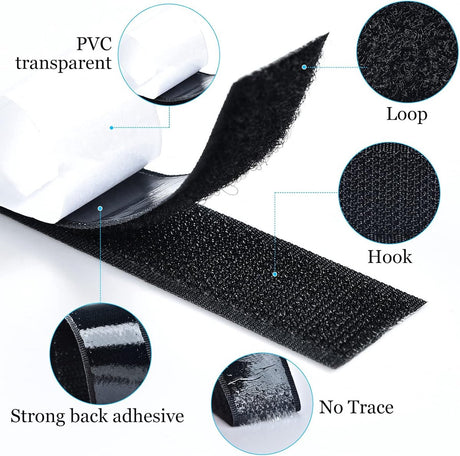 Self-adhesive hook and loop tape 10 meters - black hook and loop tape - extra strong - Strong double-sided self-adhesive tapes - Black - 10m * 2cm - Grip tape - Hook and loop tape