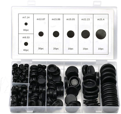 Rubber Grommet - Pack of 200 - Black - 7mm/9mm/12mm/16mm/20mm/22mm/25mm - Closed Rubber Grommet - For Wire, Electrical Installation, Cable Protection - Round Rubber Stopper
