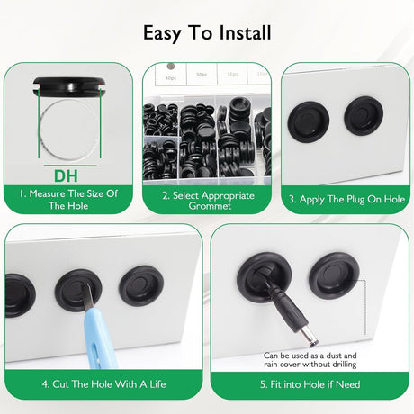 Rubber Grommet - Pack of 200 - Black - 7mm/9mm/12mm/16mm/20mm/22mm/25mm - Closed Rubber Grommet - For Wire, Electrical Installation, Cable Protection - Round Rubber Stopper