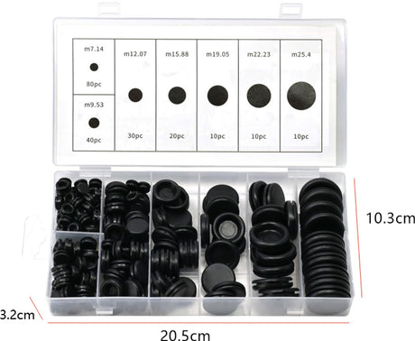 Rubber Grommet - Pack of 200 - Black - 7mm/9mm/12mm/16mm/20mm/22mm/25mm - Closed Rubber Grommet - For Wire, Electrical Installation, Cable Protection - Round Rubber Stopper