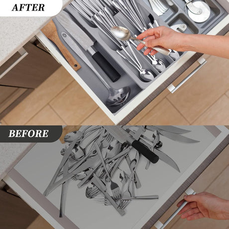 2 in 1 Storage Box - Cutlery Organizer - Cutlery Tray - Drawer Organizer - Multifunctional Cutlery Tray - Pull-out Cutlery Tray - Cutlery Tray Drawer Divider - Small Cutlery Tray for Kitchen - Storage Bins for Cutlery Storage - Gray - PP - 40.5*16.5*5.5cm