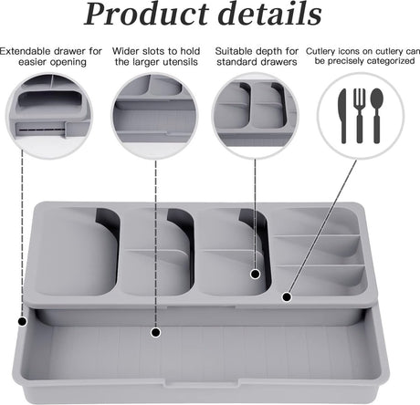 2 in 1 Storage Box - Cutlery Organizer - Cutlery Tray - Drawer Organizer - Multifunctional Cutlery Tray - Pull-out Cutlery Tray - Cutlery Tray Drawer Divider - Small Cutlery Tray for Kitchen - Storage Bins for Cutlery Storage - Gray - PP - 40.5*16.5*5.5cm