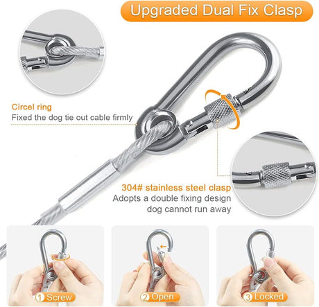 Dog leash cable - 5mm * 3m - stainless steel - silver - dog chains - with double fastening stainless steel buckle - camping accessories - dog game ground stake - heavy-duty dog chain - exhaust leash for animals