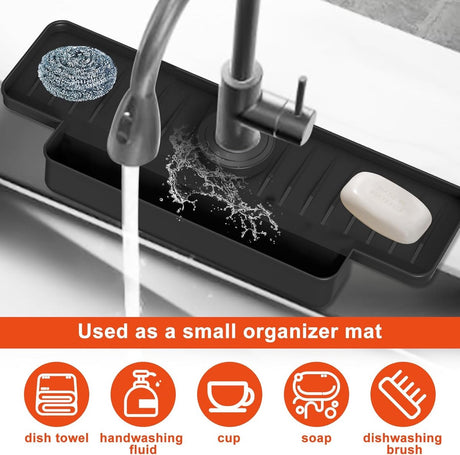 Silicone tap mat with sponge holder - tap drain mat - sink organizer - drain mat - BLACK - For kitchen, bathroom, countertop, worktop - 40 cm