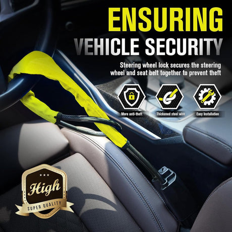 Steering Wheel Lock - Belt Lock - with 3 Keys - Yellow - Universal - Steering Wheel Anti-Theft Device - for Car Security - for Most Vehicles, Trucks, SUVs, Vans