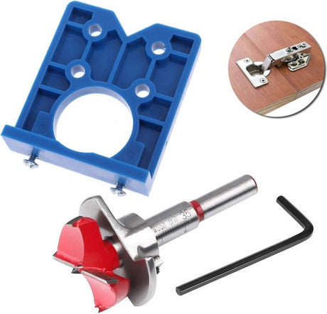 Drill guide - hinge gauge - Drill bit accessories - for 35mm hinge holes - 77*66mm - PP, TPR, carbon steel - blue - for carpentry, cabinet hinges and mounting plates