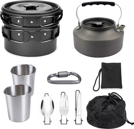 Cookware - 9-piece - for camping, outdoor, hiking, picnic, BBQ, foldable camping pans - safe and BPA - Suitable for 2-3 people camping pan set