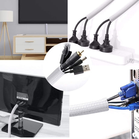 Cable Sleeve - 2m - Diameter 19MM - Cable Management - Braided Cable Sheathing - Cable Protector - Stretchable - Cuttable - PET - White - For TV / Computer / Home Theater / Engine Compartment
