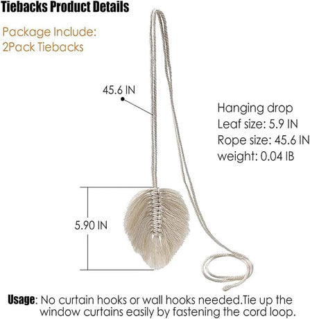 Curtain Holder - 2 Pieces - Curtain Tie Back - Curtain Tie Rope - Curtain Tie Back Hook - Curtain Ties - Beige - 116 cm Long