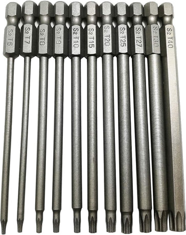 11 pieces - Screwdriver bits - Screwdriver bit set - Long Torx screwdriver set - Hollow Torx bit set - S2 steel - with security head - hexagon shaft - 100mm - T6 T7 T8 T9 T10 T15 T20 T25 T27 T30 T40