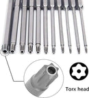 11 pieces - Screwdriver bits - Screwdriver bit set - Long Torx screwdriver set - Hollow Torx bit set - S2 steel - with security head - hexagon shaft - 100mm - T6 T7 T8 T9 T10 T15 T20 T25 T27 T30 T40
