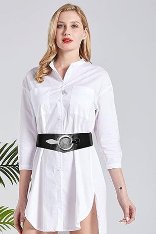 Wide Women's Belt - Women's Belt - Waistband - Belt - Elastic Cinch Belt - Black - Leather - Double Ring Buckle - Dress Accessory - Fashion Crochet Belt - Length: 80-95 cm, Width: 6 cm - for dresses coats