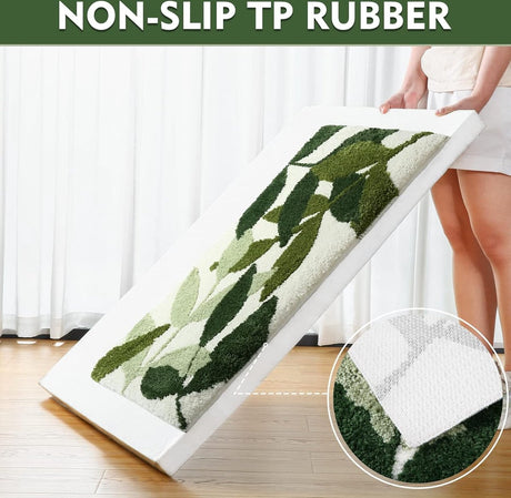 Non-slip bath mat - Non-slip bath mat - 50x80cm - durable water-absorbent bathroom rug - machine washable - soft and comfortable doormat - green leaves - Non-slip - Doormat