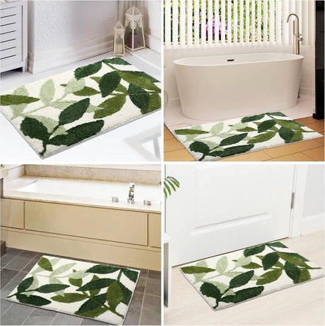 Non-slip bath mat - Non-slip bath mat - 50x80cm - durable water-absorbent bathroom rug - machine washable - soft and comfortable doormat - green leaves - Non-slip - Doormat
