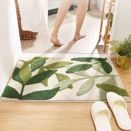 Non-slip bath mat - Non-slip bath mat - 50x80cm - durable water-absorbent bathroom rug - machine washable - soft and comfortable doormat - green leaves - Non-slip - Doormat