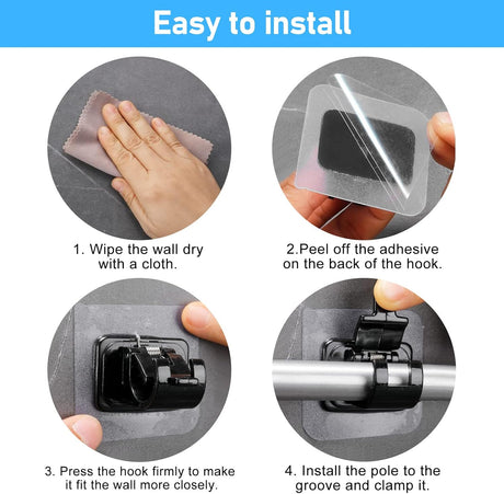 Self-Adhesive Curtain Rod Holders 6 pcs, Nail-Free Adjustable Brackets, Wall Mounts, Black