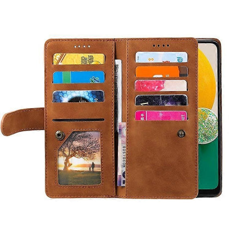 Samsung Galaxy A26 5G Phone Case, PU Leather Zipper Wallet with 9 Card Slots, Brown