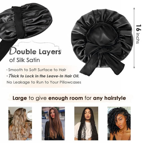 Satin Sleep Cap for Women Double Layer Silk Lined Bonnet Naturally Curly Hair Black