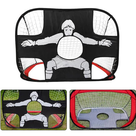 Foldable nylon soccer goal, suitable for both children and adults, ideal for playgrounds, gardens, and indoor/outdoor use.  Available in red.