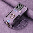 iPhone 15 Compatible Leather Case with RFID Anti-Theft Ring Bracket Lanyard Card Holder Multifunctional Light Purple with Leather Strap