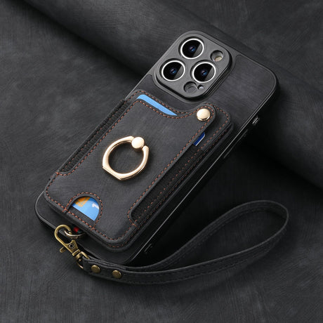iPhone 15 Compatible Leather Case with RFID Anti-Theft Ring Bracket Lanyard Card Holder Multifunctional Light Purple with Leather Strap