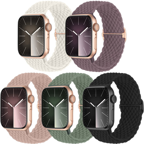 Apple Watch Woven Solo Loop Compatible Band Adjustable Nylon Elastic Sport Band for Women Men 5-Pack Compatible with 38mm 40mm 41mm 42mm 44mm 45mm 49mm