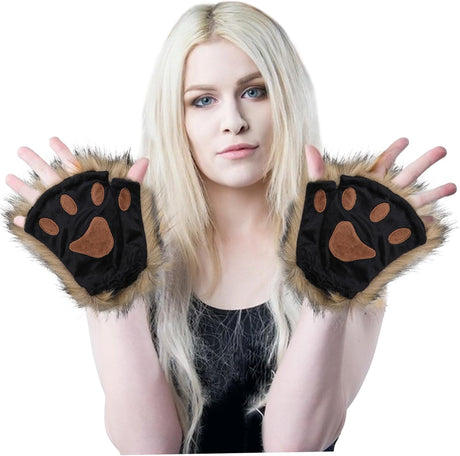 Therian Paws Half Finger Cute Embroidered Fur Paw Gloves 1 Pair Black Compatible with Kids Adults Cosplay Stage