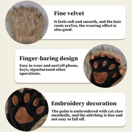 Therian Paws Half Finger Cute Embroidered Fur Paw Gloves 1 Pair Black Compatible with Kids Adults Cosplay Stage
