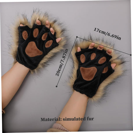 Therian Paws Half Finger Cute Embroidered Fur Paw Gloves 1 Pair Black Compatible with Kids Adults Cosplay Stage