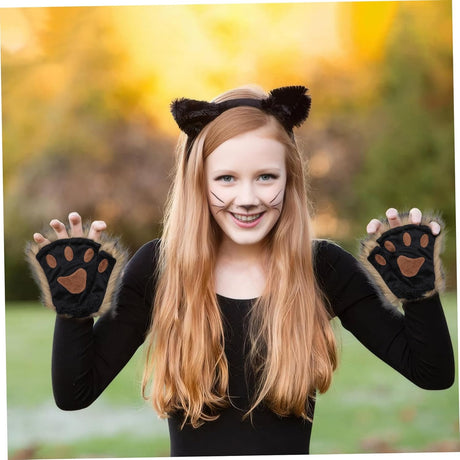 Therian Paws Half Finger Cute Embroidered Fur Paw Gloves 1 Pair Black Compatible with Kids Adults Cosplay Stage