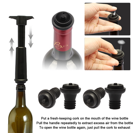 Vacu Vin Wine Saver Pump with Stoppers Black Keeps Wine Fresh