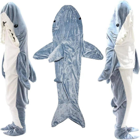 Shark Onesie Pajamas Blue-Gray Shark 140 Sleeping Bag Blanket Cartoon Jumpsuit Flannel Home Wear for Men and Women